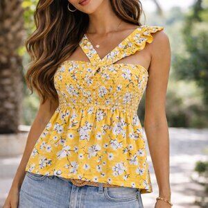 Doe & Rae Mustard Yellow Floral Smocked Babydoll Top | Ruffle Strap Peplum Cami